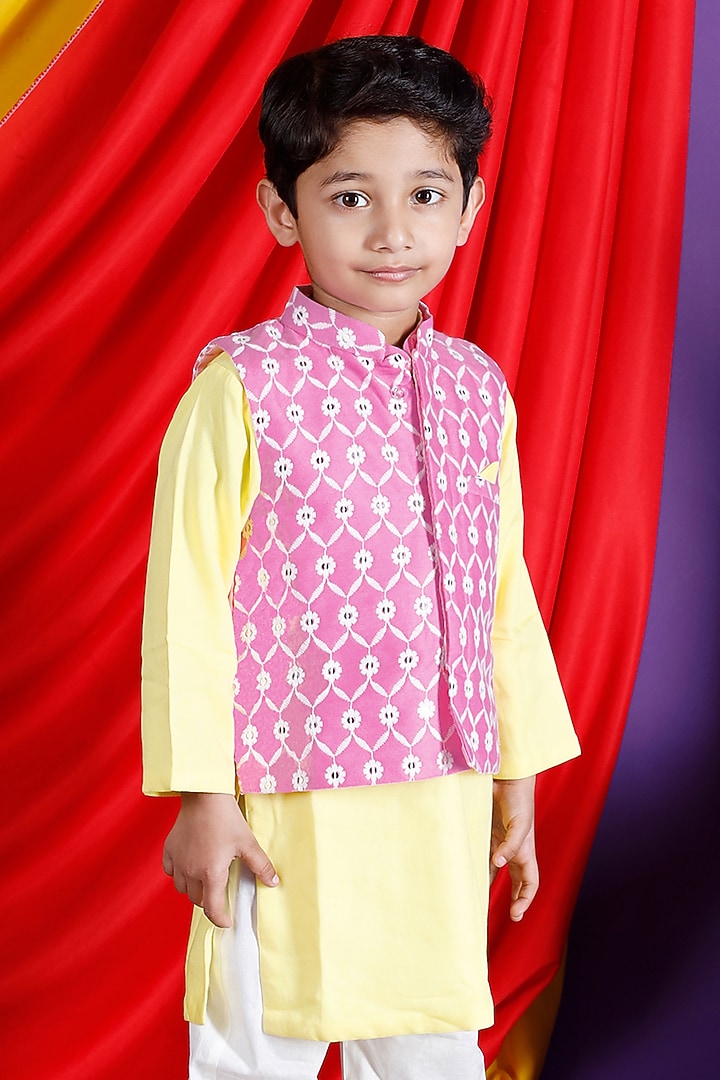 Pink Cotton Nehru Jacket Set For Boys by UNIQ RIYO CREATION at Pernia's Pop Up Shop