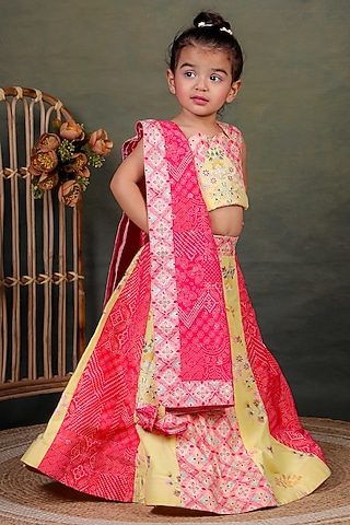 Multi-Colored Cotton Silk Embroidered Lehenga Set For Girls by UNIQ RIYO CREATION