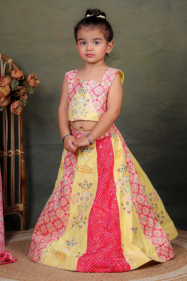 Multi-Colored Cotton Silk Embroidered Lehenga Set For Girls by UNIQ RIYO CREATION at Pernia's Pop Up Shop