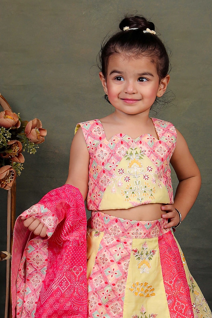 Multi-Colored Cotton Silk Embroidered Lehenga Set For Girls by UNIQ RIYO CREATION at Pernia's Pop Up Shop