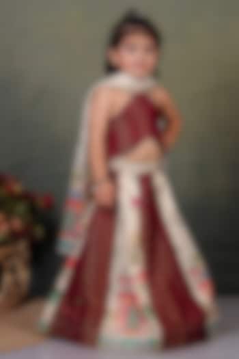 Maroon & Beige Chanderi Printed Lehenga Set For Girls by UNIQ RIYO CREATION at Pernia's Pop Up Shop