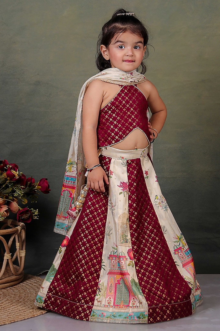 Maroon & Beige Chanderi Printed Lehenga Set For Girls by UNIQ RIYO CREATION at Pernia's Pop Up Shop