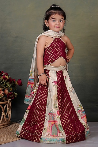 Maroon & Beige Chanderi Printed Lehenga Set For Girls by UNIQ RIYO CREATION