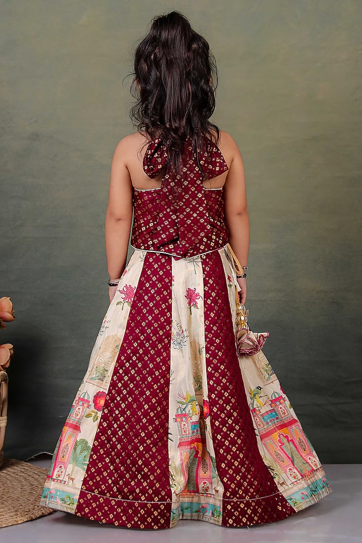 Maroon & Beige Chanderi Printed Lehenga Set For Girls by UNIQ RIYO CREATION at Pernia's Pop Up Shop