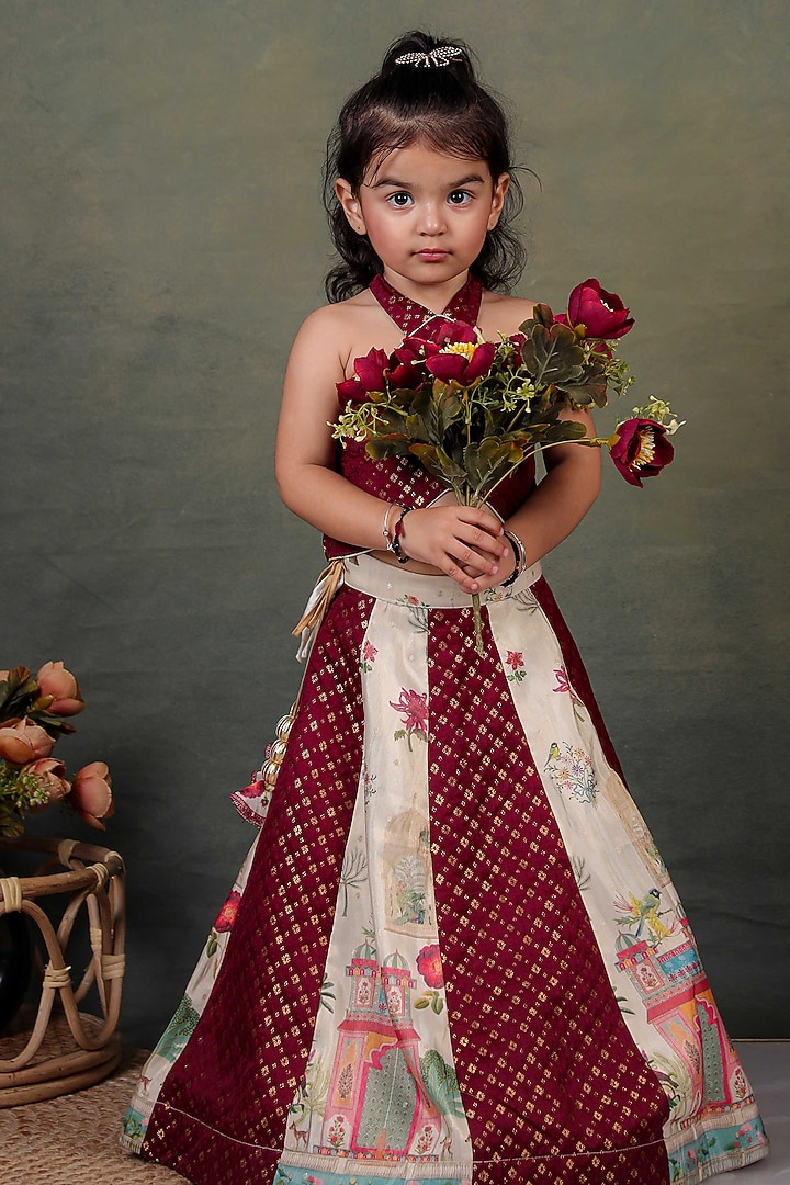 Maroon & Beige Chanderi Printed Lehenga Set For Girls by UNIQ RIYO CREATION at Pernia's Pop Up Shop