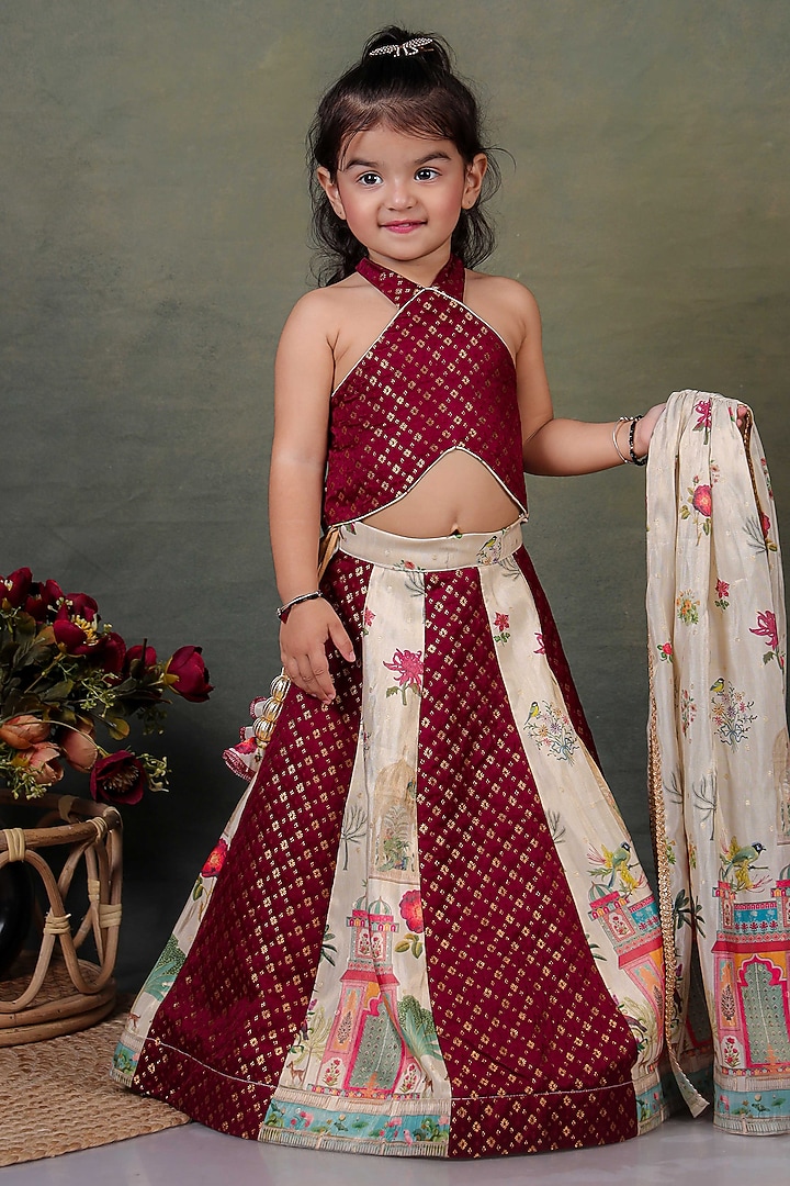 Maroon & Beige Chanderi Printed Lehenga Set For Girls by UNIQ RIYO CREATION at Pernia's Pop Up Shop
