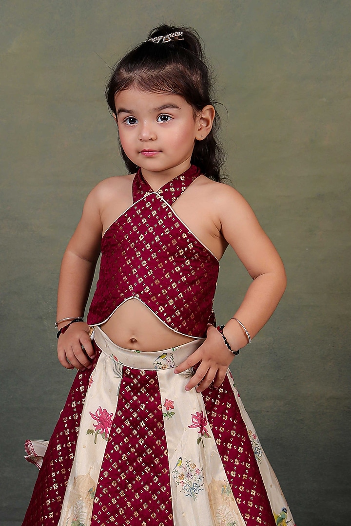 Maroon & Beige Chanderi Printed Lehenga Set For Girls by UNIQ RIYO CREATION at Pernia's Pop Up Shop