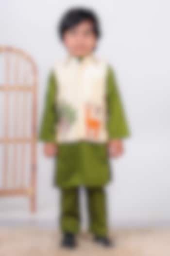 Beige Cotton Silk Embroidered Nehru Jacket Set For Boys by UNIQ RIYO CREATION at Pernia's Pop Up Shop
