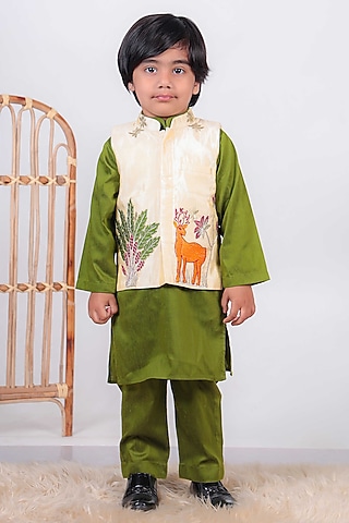 Beige Cotton Silk Embroidered Nehru Jacket Set For Boys by UNIQ RIYO CREATION
