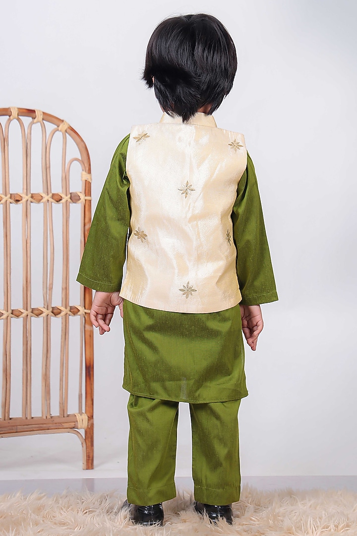 Beige Cotton Silk Embroidered Nehru Jacket Set For Boys by UNIQ RIYO CREATION at Pernia's Pop Up Shop