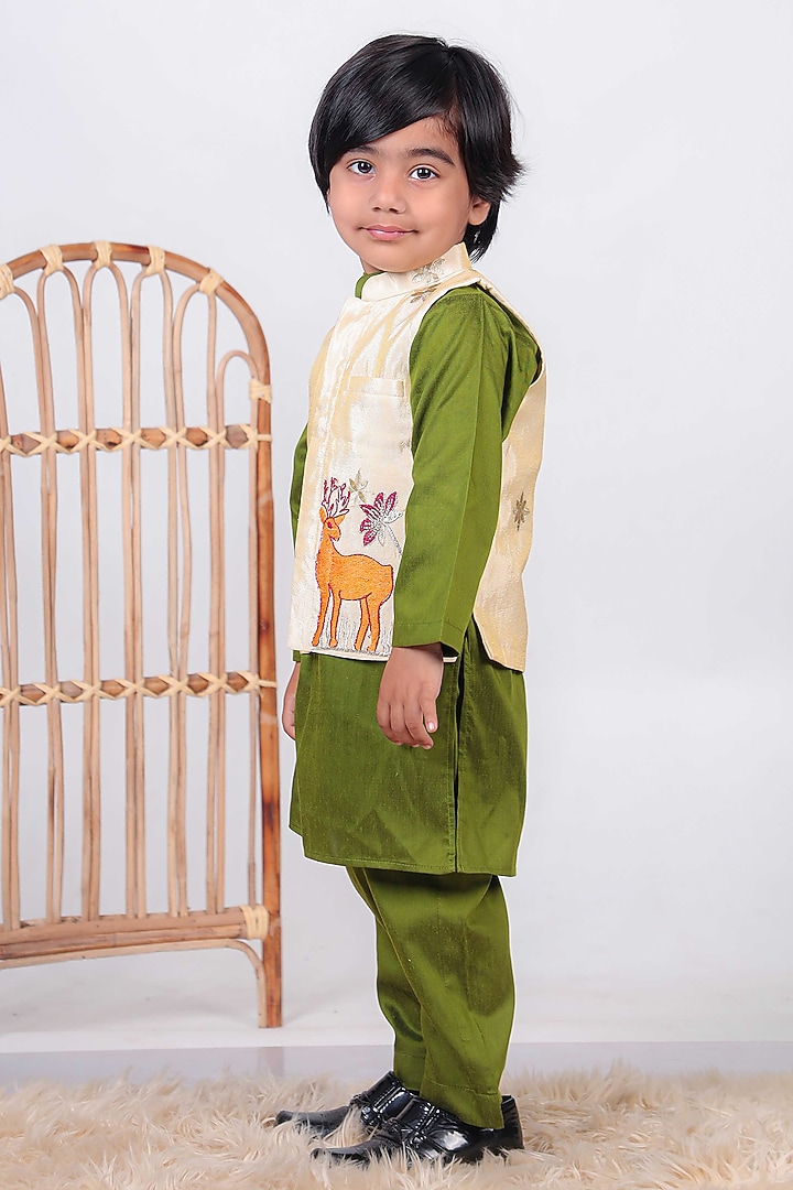 Beige Cotton Silk Embroidered Nehru Jacket Set For Boys by UNIQ RIYO CREATION at Pernia's Pop Up Shop
