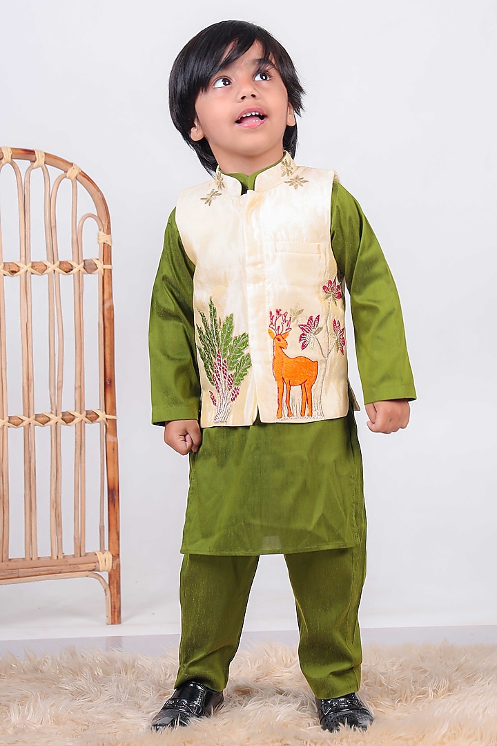 Beige Cotton Silk Embroidered Nehru Jacket Set For Boys by UNIQ RIYO CREATION at Pernia's Pop Up Shop
