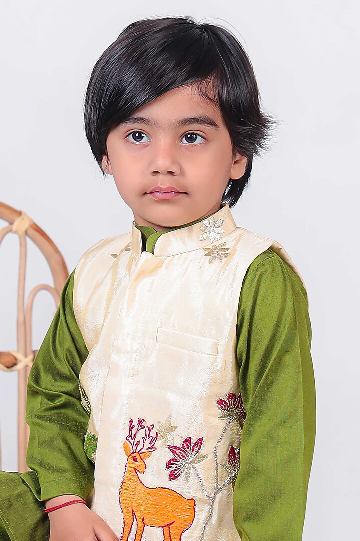 Beige Cotton Silk Embroidered Nehru Jacket Set For Boys by UNIQ RIYO CREATION at Pernia's Pop Up Shop