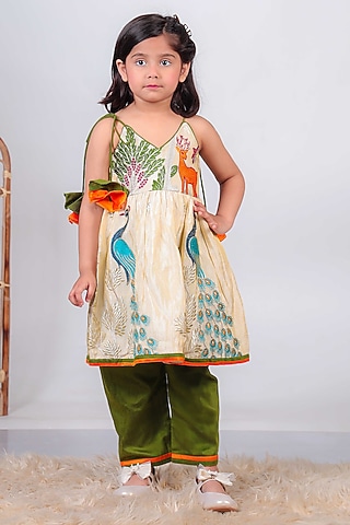 Beige Cotton Silk Kurta Set For Girls by UNIQ RIYO CREATION