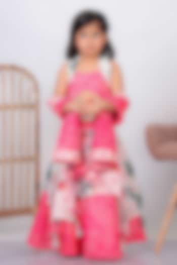 Pink Silk & Chiffon Printed Lehenga Set For Girls by UNIQ RIYO CREATION at Pernia's Pop Up Shop