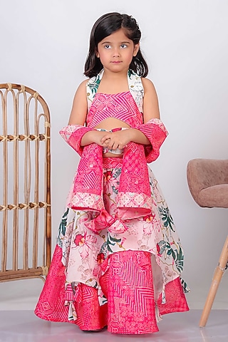 Pink Silk & Chiffon Printed Lehenga Set For Girls by UNIQ RIYO CREATION