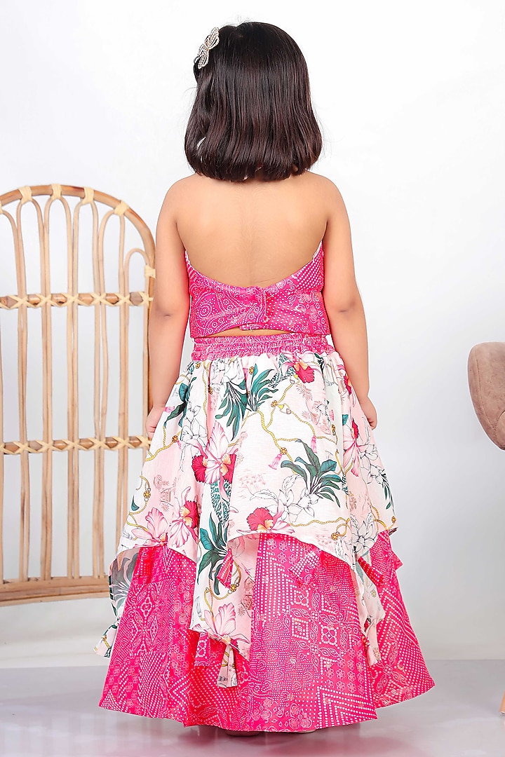 Pink Silk & Chiffon Printed Lehenga Set For Girls by UNIQ RIYO CREATION at Pernia's Pop Up Shop