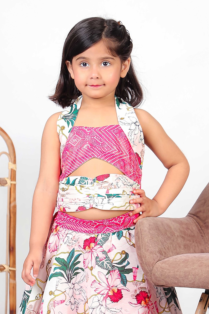 Pink Silk & Chiffon Printed Lehenga Set For Girls by UNIQ RIYO CREATION at Pernia's Pop Up Shop