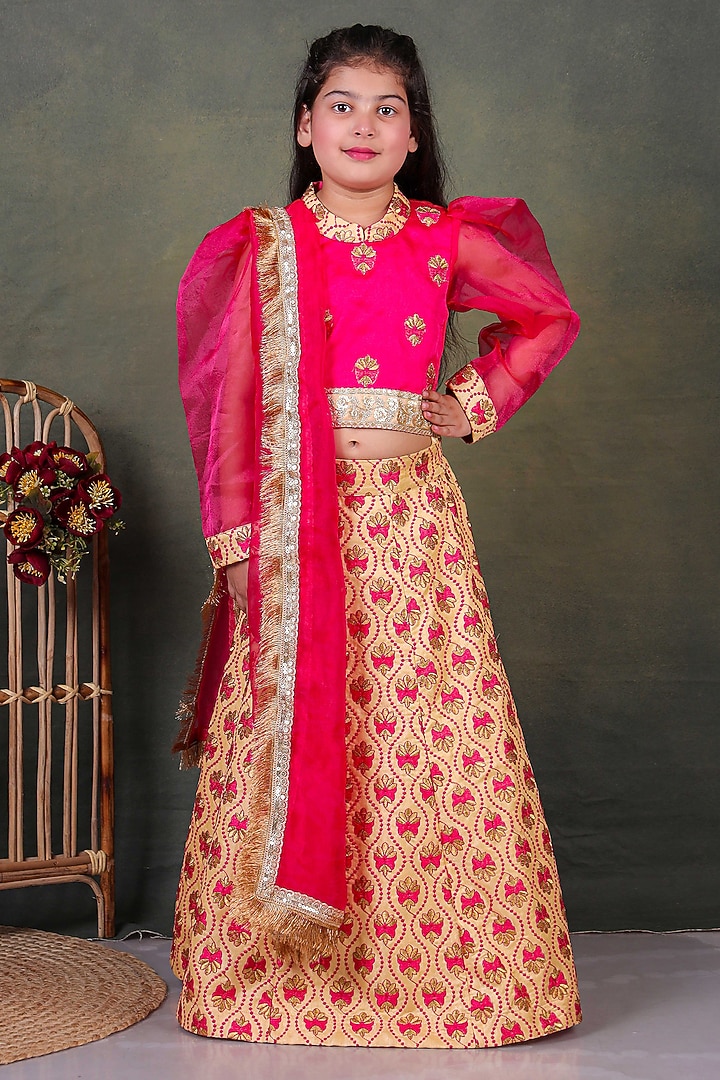 Golden Organza Embroidered Lehenga Set For Girls by UNIQ RIYO CREATION at Pernia's Pop Up Shop