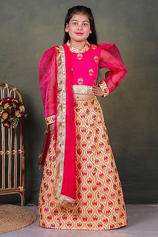 Golden Organza Embroidered Lehenga Set For Girls by UNIQ RIYO CREATION
