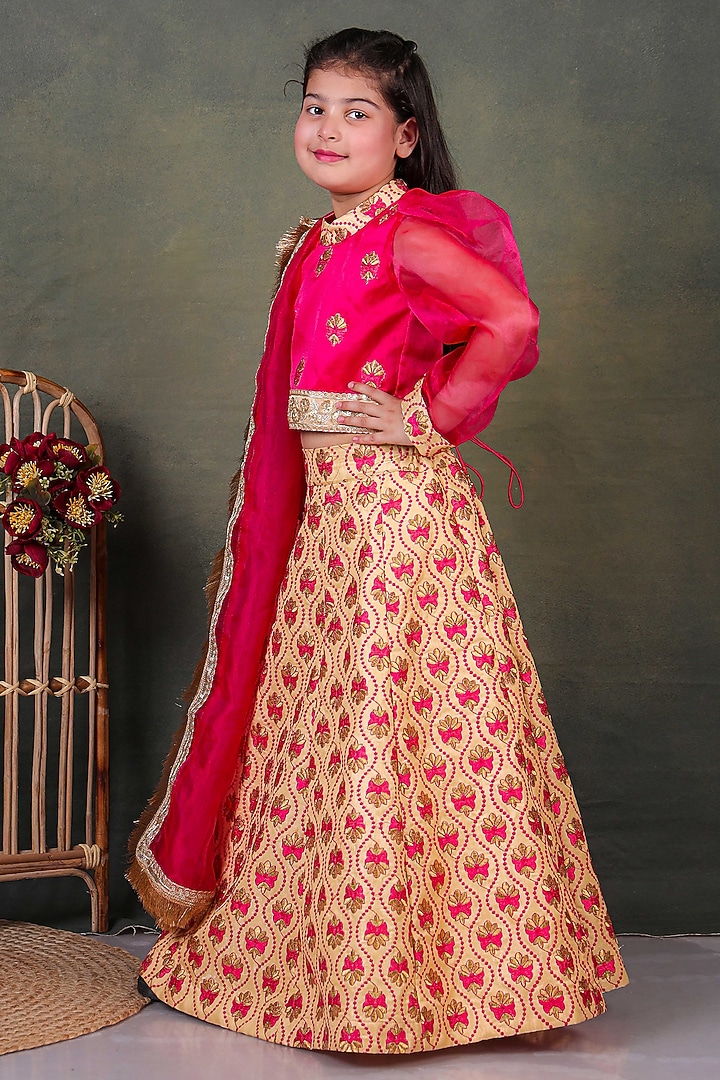 Golden Organza Embroidered Lehenga Set For Girls by UNIQ RIYO CREATION at Pernia's Pop Up Shop
