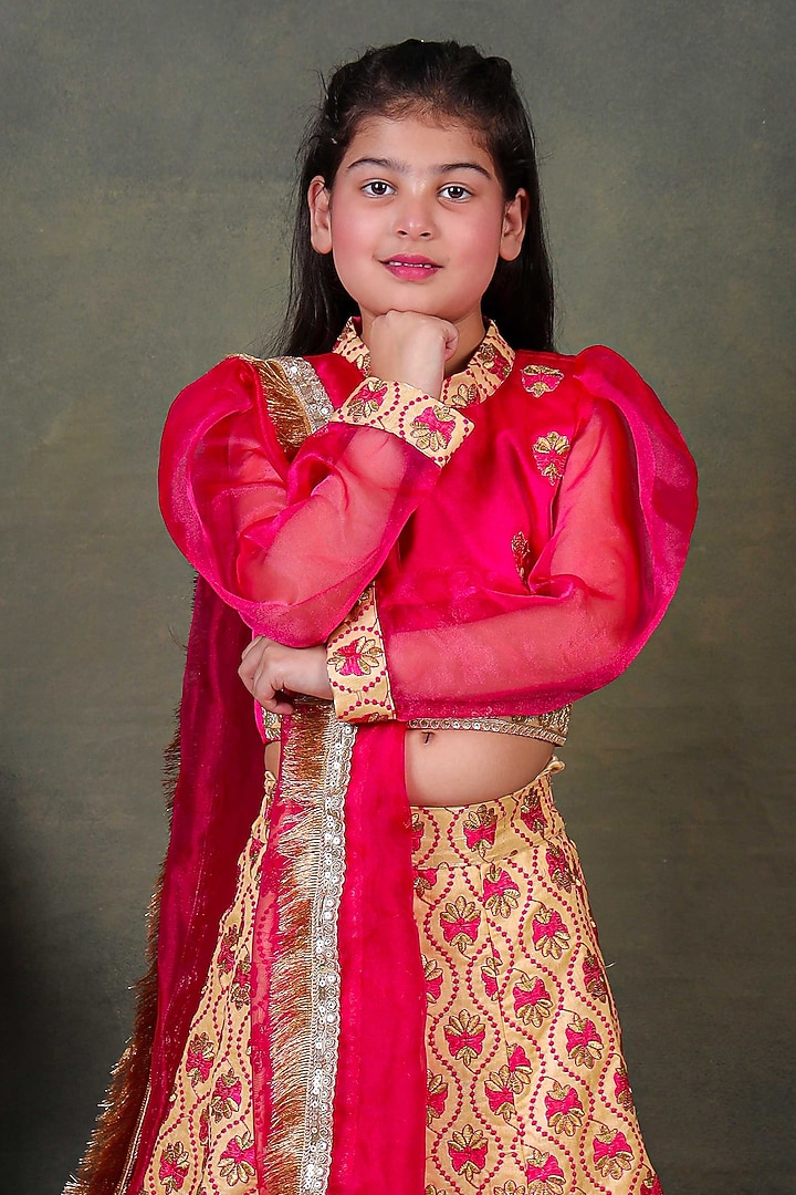 Golden Organza Embroidered Lehenga Set For Girls by UNIQ RIYO CREATION at Pernia's Pop Up Shop
