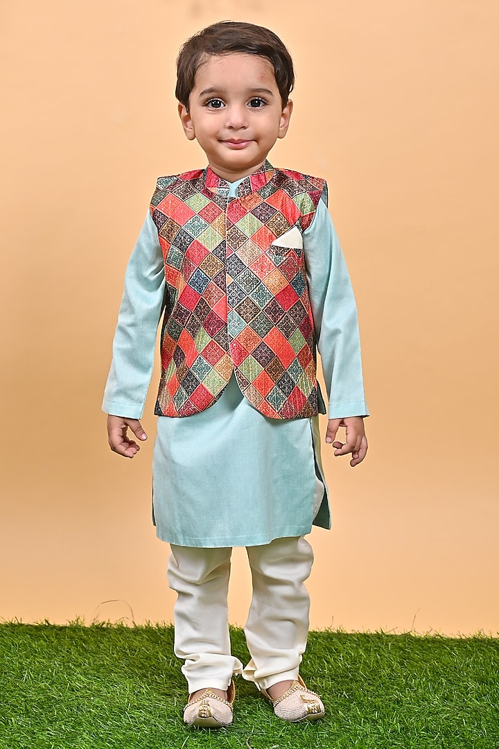 Aqua Green Silk & Cotton Printed Nehru Jacket Set For Boys by UNIQ RIYO CREATION