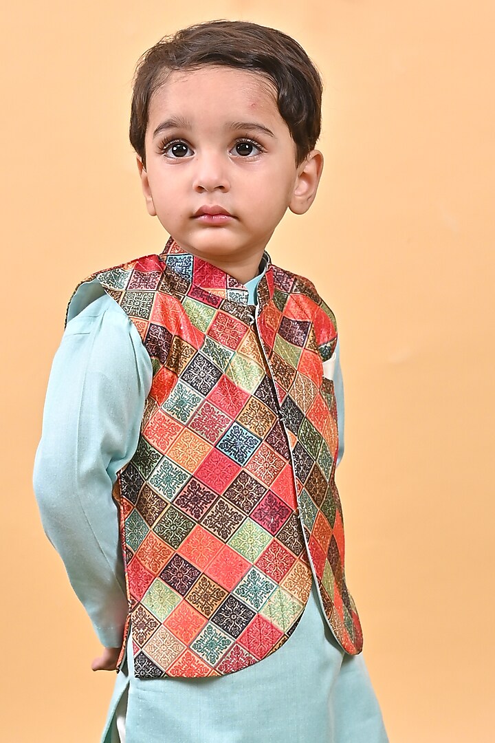 Aqua Green Silk & Cotton Printed Nehru Jacket Set For Boys by UNIQ RIYO CREATION at Pernia's Pop Up Shop