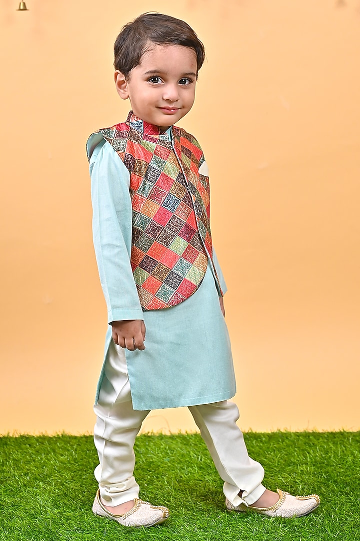 Aqua Green Silk & Cotton Printed Nehru Jacket Set For Boys by UNIQ RIYO CREATION at Pernia's Pop Up Shop