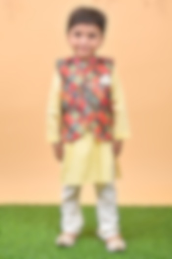 Yellow Silk & Cotton Printed Nehru Jacket Set For Boys by UNIQ RIYO CREATION