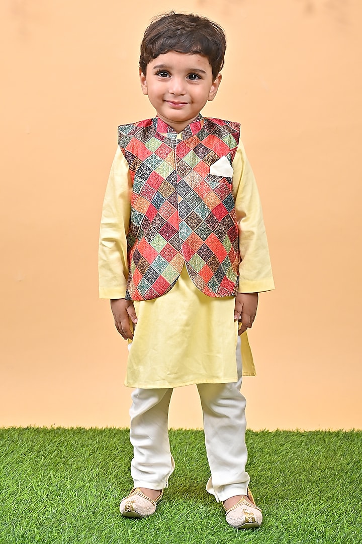 Yellow Silk & Cotton Printed Nehru Jacket Set For Boys by UNIQ RIYO CREATION