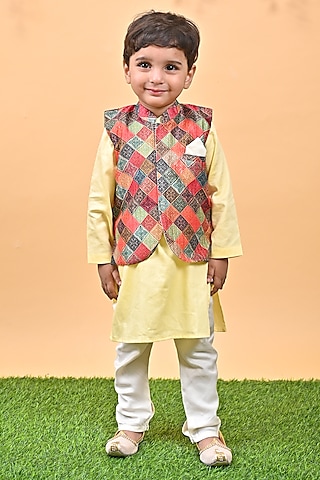 Yellow Silk & Cotton Printed Nehru Jacket Set For Boys by UNIQ RIYO CREATION