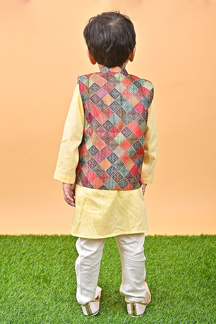 Yellow Silk & Cotton Printed Nehru Jacket Set For Boys by UNIQ RIYO CREATION at Pernia's Pop Up Shop