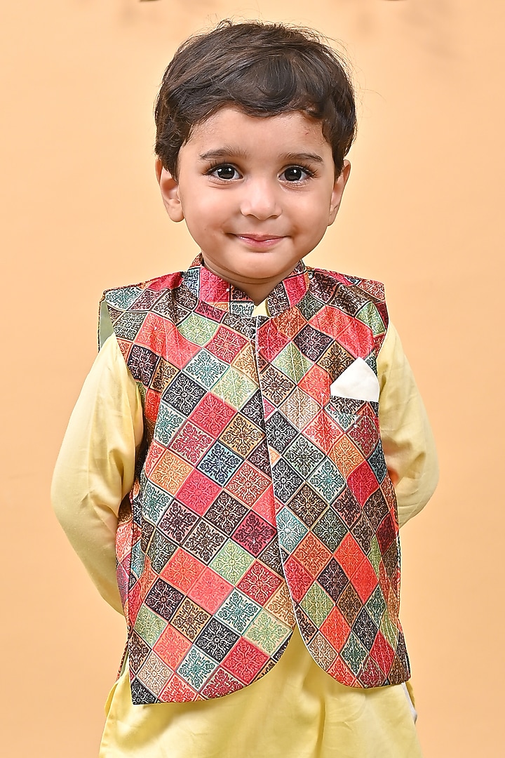 Yellow Silk & Cotton Printed Nehru Jacket Set For Boys by UNIQ RIYO CREATION at Pernia's Pop Up Shop