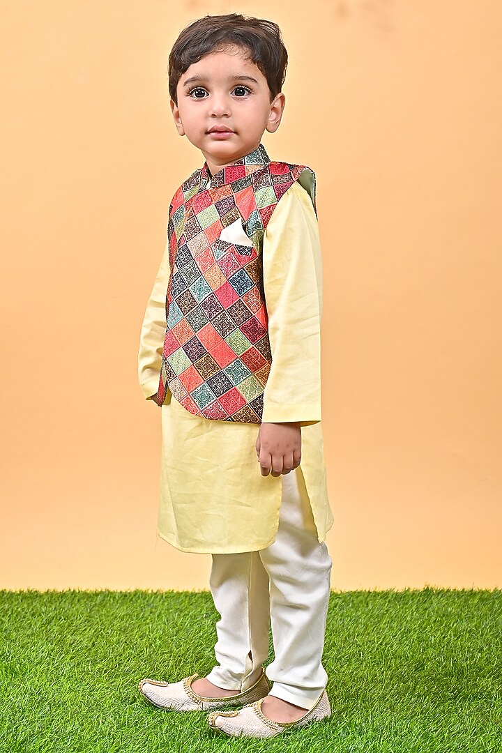 Yellow Silk & Cotton Printed Nehru Jacket Set For Boys by UNIQ RIYO CREATION at Pernia's Pop Up Shop