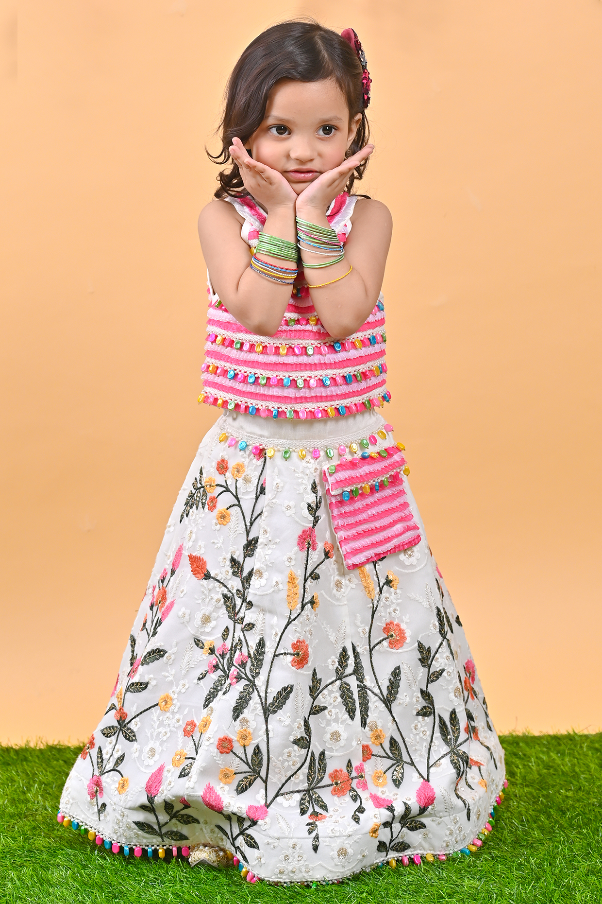 Pink Dupion & Georgette Embroidered Lehenga Set For Girls by UNIQ RIYO CREATION at Pernia's Pop Up Shop