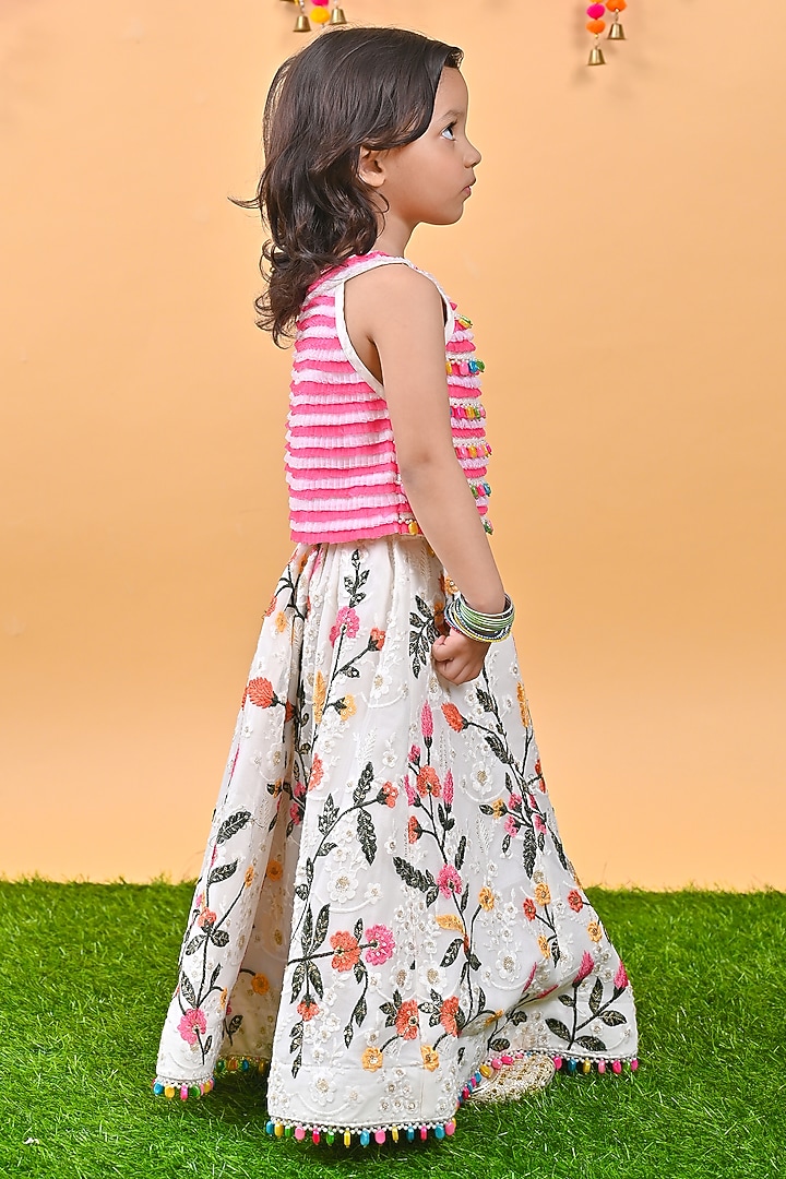Pink Dupion & Georgette Embroidered Lehenga Set For Girls by UNIQ RIYO CREATION at Pernia's Pop Up Shop