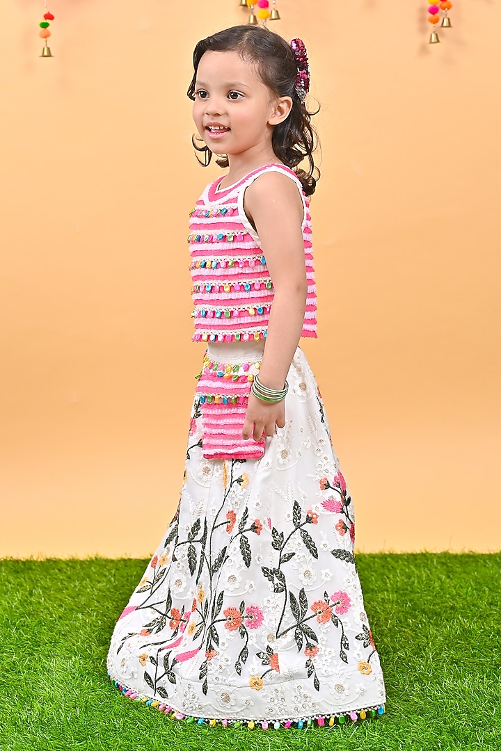 Pink Dupion & Georgette Embroidered Lehenga Set For Girls by UNIQ RIYO CREATION at Pernia's Pop Up Shop