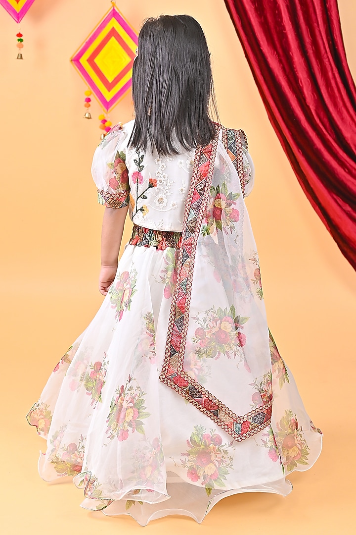 White Organza & Georgette Printed Lehenga Set For Girls by UNIQ RIYO CREATION at Pernia's Pop Up Shop