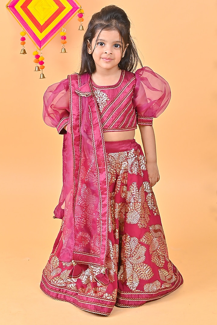 Wine Organza & Georgette Embroidered Lehenga Set For Girls by UNIQ RIYO CREATION at Pernia's Pop Up Shop