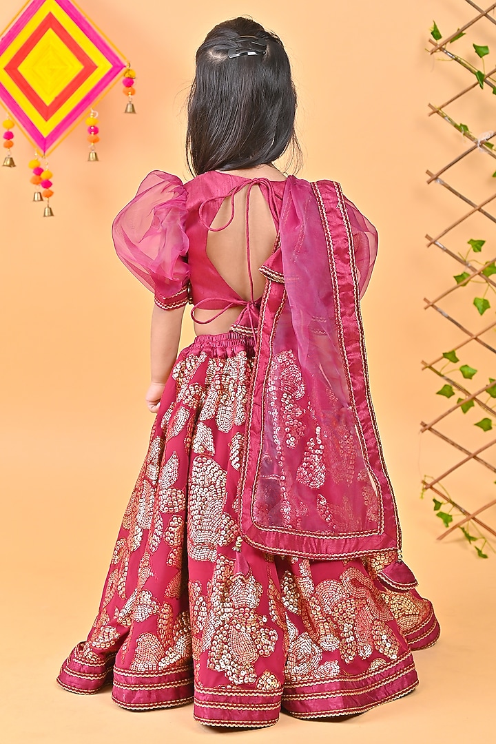 Wine Organza & Georgette Embroidered Lehenga Set For Girls by UNIQ RIYO CREATION at Pernia's Pop Up Shop