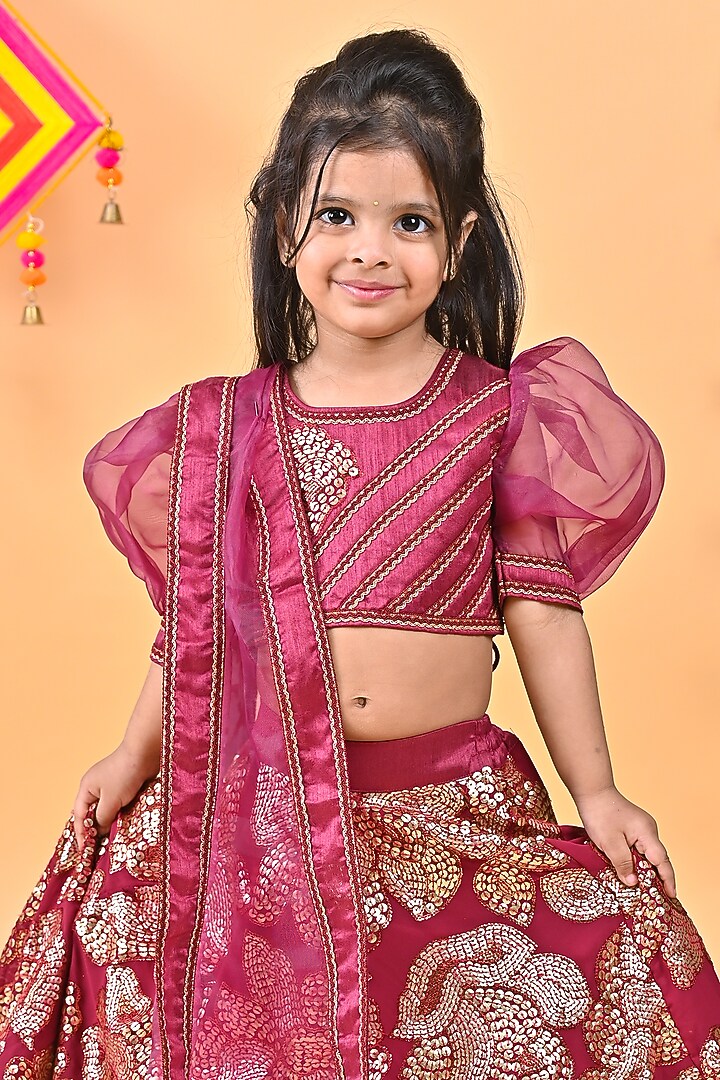 Wine Organza & Georgette Embroidered Lehenga Set For Girls by UNIQ RIYO CREATION at Pernia's Pop Up Shop