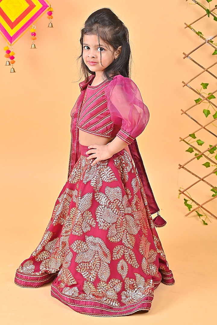 Wine Organza & Georgette Embroidered Lehenga Set For Girls by UNIQ RIYO CREATION at Pernia's Pop Up Shop