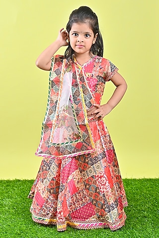 Multi-Colored Organza & Silk Printed Lehenga Set For Girls by UNIQ RIYO CREATION