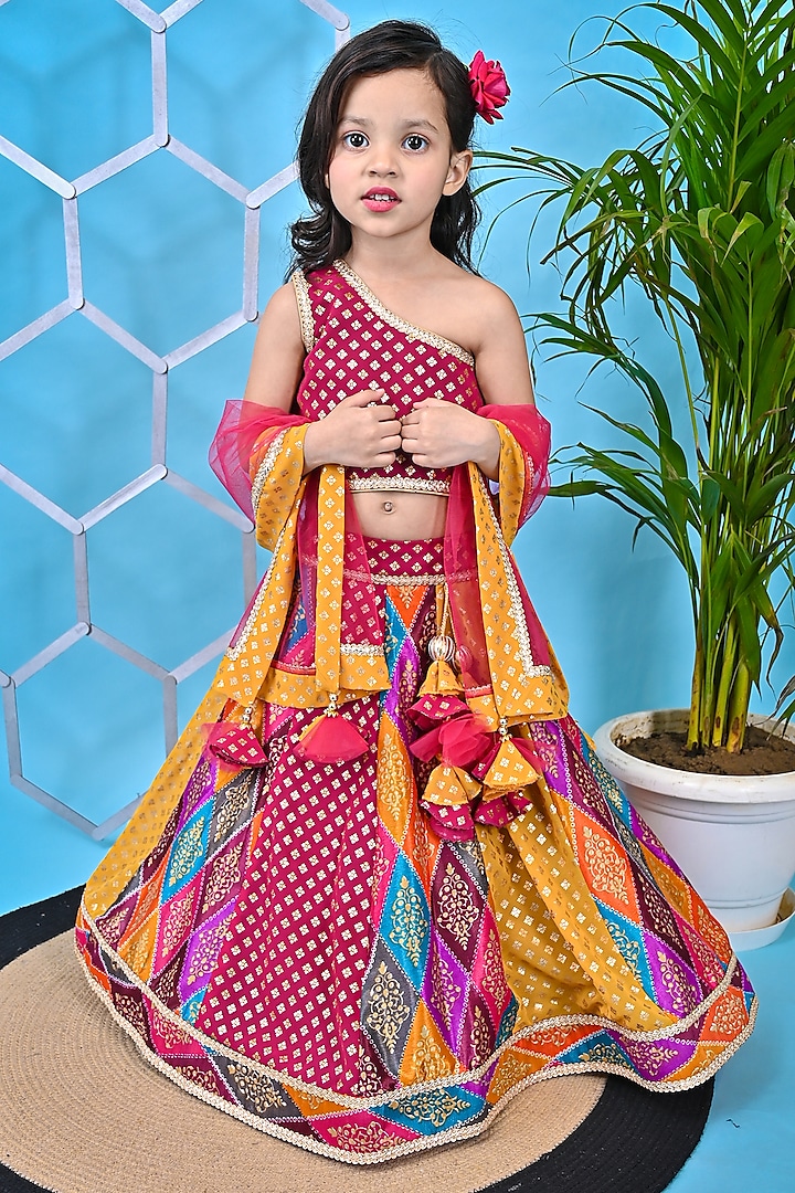 Multi-Colored Net & Georgette Printed Lehenga Set For Girls by UNIQ RIYO CREATION at Pernia's Pop Up Shop