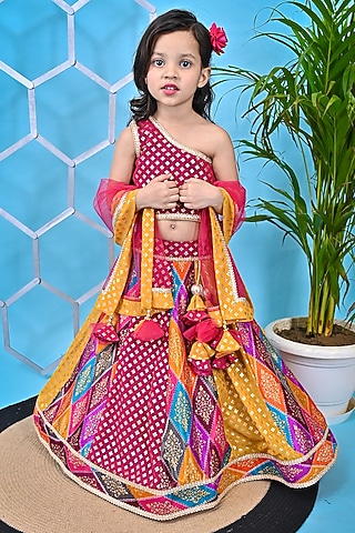Multi-Colored Net & Georgette Printed Lehenga Set For Girls by UNIQ RIYO CREATION