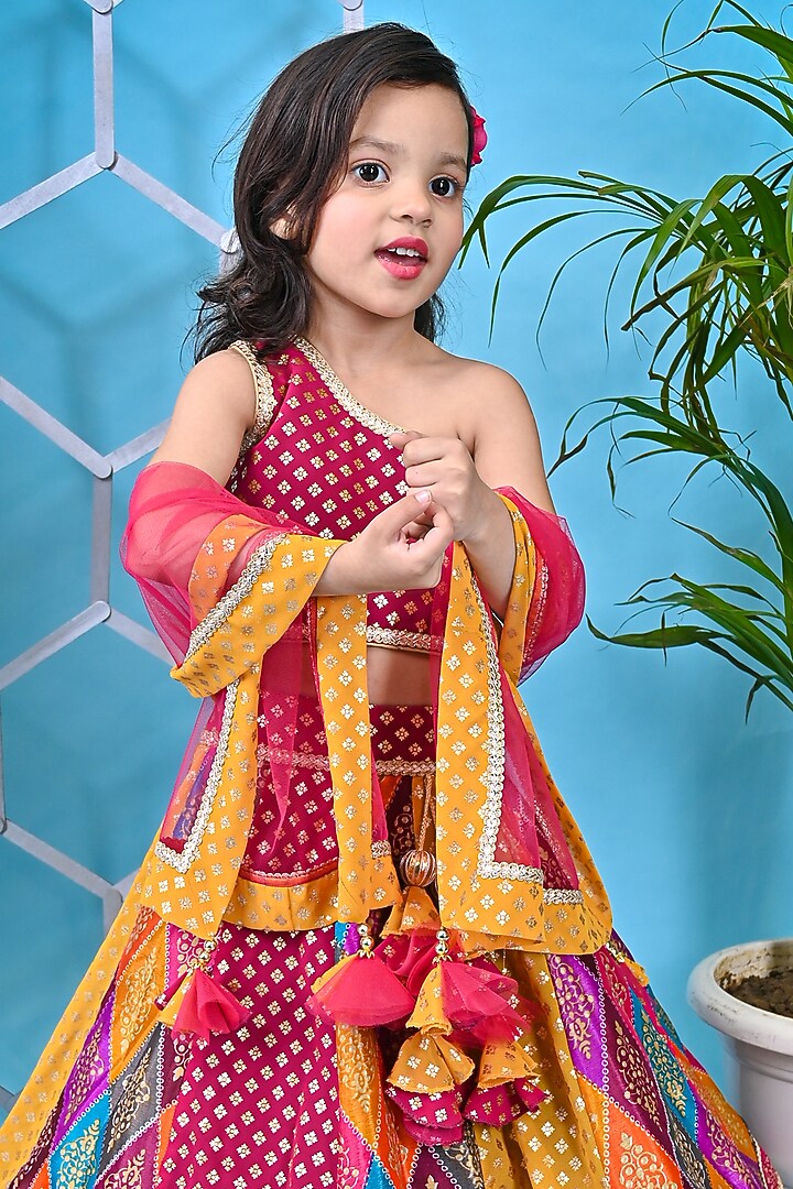 Multi-Colored Net & Georgette Printed Lehenga Set For Girls by UNIQ RIYO CREATION at Pernia's Pop Up Shop