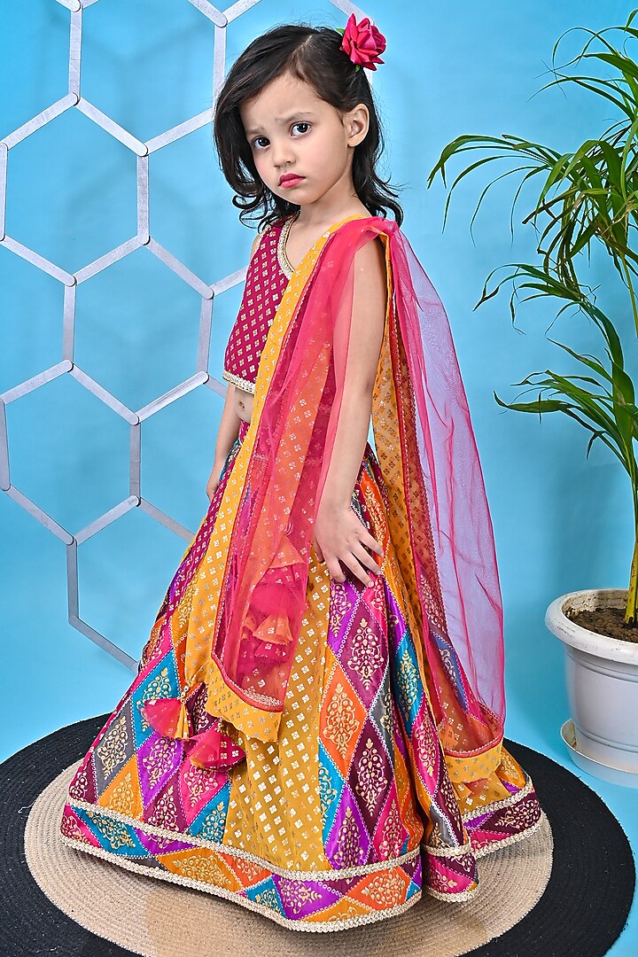 Multi-Colored Net & Georgette Printed Lehenga Set For Girls by UNIQ RIYO CREATION at Pernia's Pop Up Shop