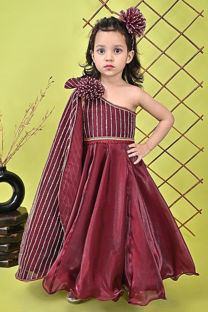 Wine Organza & Net Embroidered Dress For Girls by UNIQ RIYO CREATION at Pernia's Pop Up Shop