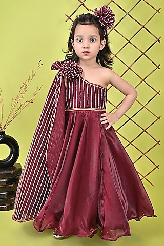 Wine Organza & Net Embroidered Dress For Girls by UNIQ RIYO CREATION